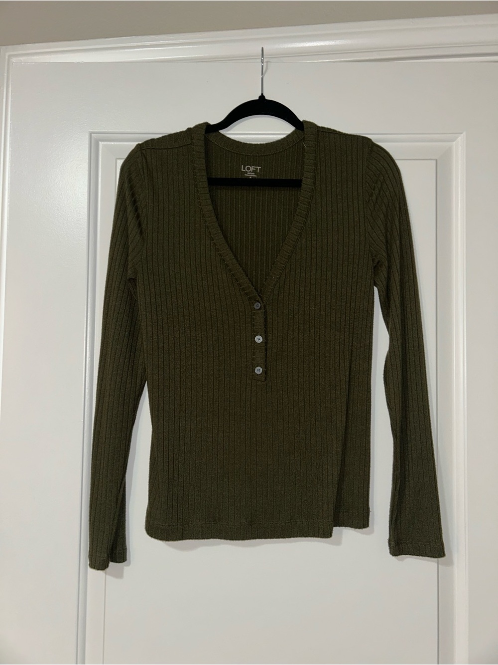 LOFT Olive Ribbed Henley Long Sleeve Top